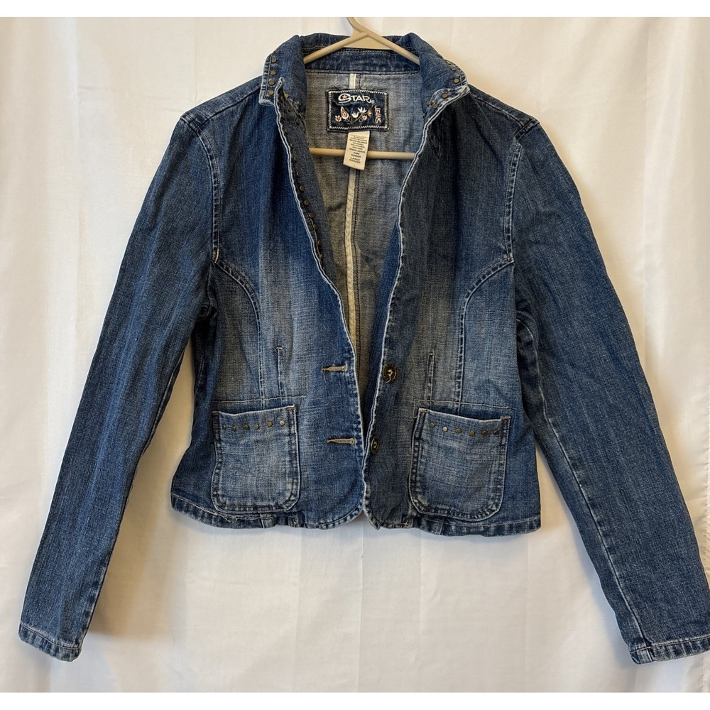 Y2K STAR JEANS Blazer studded cropped jean Denim jacket size Large‎